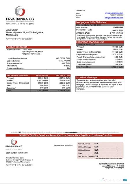 Download Montenegro Prva banka Crne Gore mortgage statement Word and PDF template Photoshop template